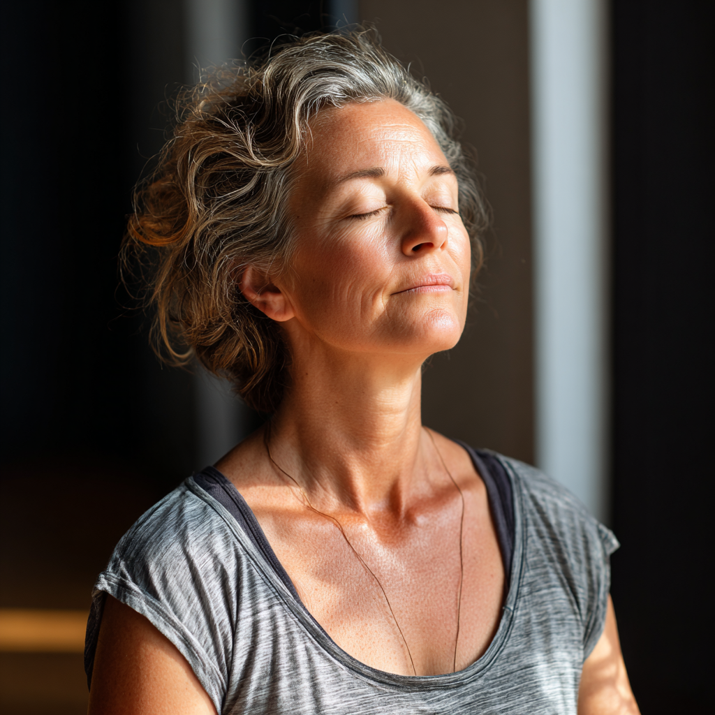 Peaceful woman in her forties practicing mindful breathing during morning yoga session
